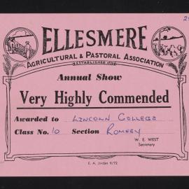 Ellesmere A&P Show Certificate, [1970s], Very Highly Commended, Lincoln College, Romney (Class 10)