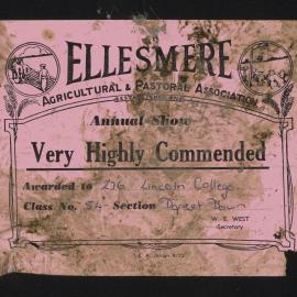 Ellesmere A&P Show Certificate, [1970s], Very Highly Commended, Lincoln College, Dorset Down (Class 54)