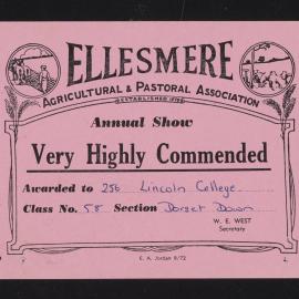 Ellesmere A&P Show Certificate, [1970s], Very Highly Commended, Lincoln College, Dorset Down (Class 58)