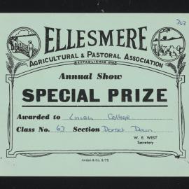 Ellesmere A&P Show Certificate, [1970s], Special Prize, Lincoln College, Dorset Down (Class 63)