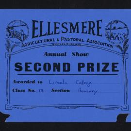 Ellesmere A&P Show Certificate, [1970s], Second Prize, Lincoln College, Romney (Class 13)