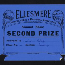 Ellesmere A&P Show Certificate, [1970s], Second Prize, Lincoln College, Romney (Class 16)