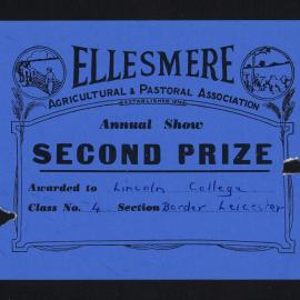 Ellesmere A&P Show Certificate, [1970s], Second Prize, Lincoln College, Border Leicester (Class 4)