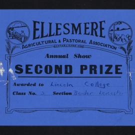 Ellesmere A&P Show Certificate, [1970s], Second Prize, Lincoln College, Border Leicester (Class 3)