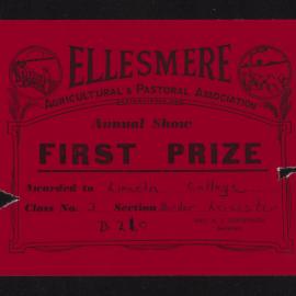 Ellesmere A&P Show Certificate, [1970s], First Prize, Lincoln College, Border Leicester (Class 3)