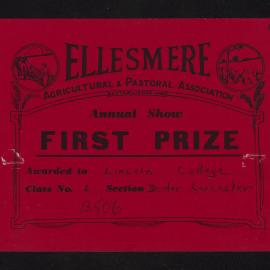 Ellesmere A&P Show Certificate, [1970s], First Prize, Lincoln College, Border Leicester (Class 6)