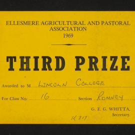 Ellesmere A&P Show Certificate, 1969, Third Prize, Lincoln College, Romney (Class 16)