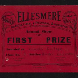 Ellesmere A&P Show Certificate, 1971, First Prize, Lincoln College, Border Leicester (Class 3)
