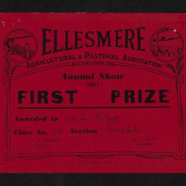 Ellesmere A&P Show Certificate, 1971, First Prize, Lincoln College, Corriedale (Class 65)