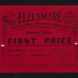 Ellesmere A&P Show Certificate, 1971, First Prize, Lincoln College, Border Leicester (Class 6)