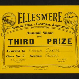 Ellesmere A&P Show Certificate, 1971, Third Prize, Lincoln College, Romney (Class 21)