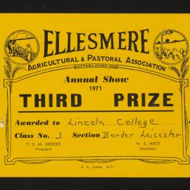 Ellesmere A&P Show Certificate, 1971, Third Prize, Lincoln College, Border Leicester (Class 3)