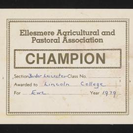 Ellesmere A&P Show Certificate, 1979, Champion, Lincoln College, Border Leicester Ewe