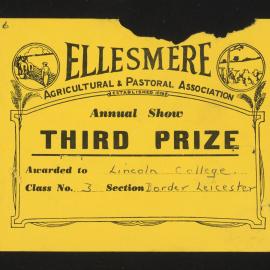 Ellesmere A&P Show Certificate, [1970s], Third Prize, Lincoln College, Border Leicester (Class 3)