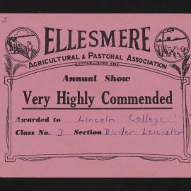 Ellesmere A&P Show Certificate, [1970s], Very Highly Commended, Lincoln College, Border Leicester (Class 3)