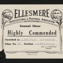Ellesmere A&P Show Certificate, [1970s], Highly Commended, Lincoln College, Corriedale (Class 25)