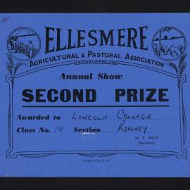 Ellesmere A&P Show Certificate, [1970s], Second Prize, Lincoln College, Romney (Class 14)