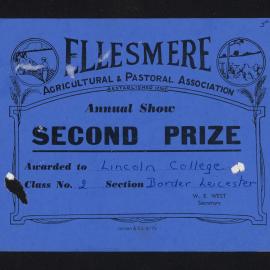 Ellesmere A&P Show Certificate, [1970s], Second Prize, Lincoln College, Border Leicester (Class 2)