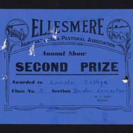 Ellesmere A&P Show Certificate, [1970s], Second Prize, Lincoln College, Border Leicester (Class 5)