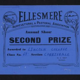 Ellesmere A&P Show Certificate, [1970s], Second Prize, Lincoln College, Corriedale (Class 68)
