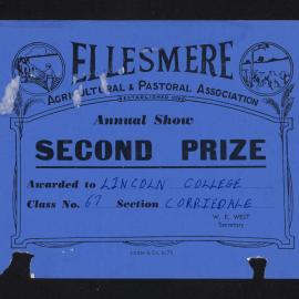Ellesmere A&P Show Certificate, [1970s], Second Prize, Lincoln College, Corriedale (Class 67)
