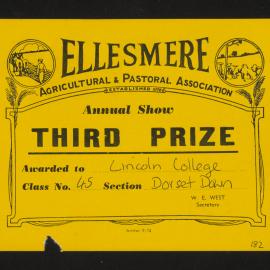 Ellesmere A&P Show Certificate, [1970s], Third Prize, Lincoln College, Dorset Down (Class 45)