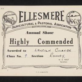 Ellesmere A&P Show Certificate, [1970s], Highly Commended, Lincoln College, Romney (Class 9)