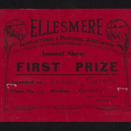 Ellesmere A&P Show Certificate, [1970s], First Prize, Lincoln College, Romney (Class 14)