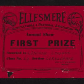 Ellesmere A&P Show Certificate, [1970s], First Prize, Lincoln College, Corriedale (Class 67)
