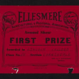 Ellesmere A&P Show Certificate, [1970s], First Prize, Lincoln College, Corriedale (Class 68)