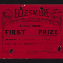 Ellesmere A&P Show Certificate, [1970s], First Prize, Lincoln College, Border Leicester (Class 2)