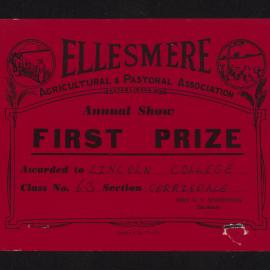Ellesmere A&P Show Certificate, [1970s], First Prize, Lincoln College, Corriedale (Class 63)