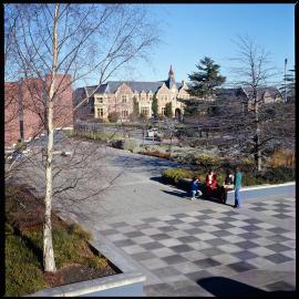 A view of the campus from the Hilgendorf building. Ivey Hall is visible in the distance, 1976