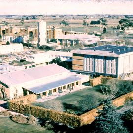 View of the Forbes building from the Lincon campus. Foreground: Gillespie Building and Refectory Building.