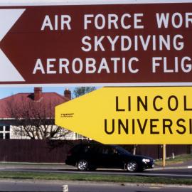 Lincoln University sign at the intersection of Springs Road and Main South Road