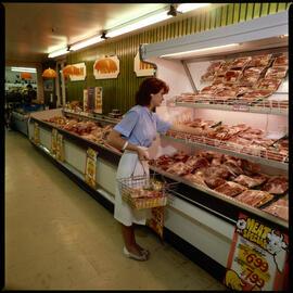 Supermarket interior, meat marketing, 1984