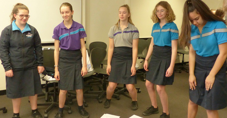 Year 10 Rolleston College students (from left) Aria Hawes, Abbey Pearson, Elle Dunn, Willow Mountford and Erika Hiini perform some experimental squats to test the power in their legs. 
