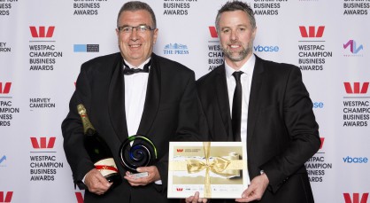 Peter Barrowclough, left, Lincoln Agritech CEO, is presented the ChristchurchNZ Champion Innovation Award by Richard Sandford, GM Innovation and Business Growth (ChristchurchNZ).