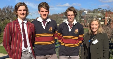 Liaison’s Anna Logie with Oliver Cox, Tom McShane and Harrison Rand from Tasmania who will be crossing the Tasman next month to visit Lincoln as part of Land The Trip.