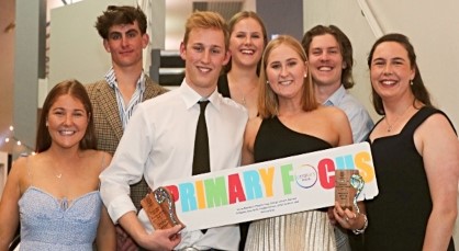 The Primary Focus Team, led by George Letham and Phoebe Topp (in front holding sign). Team members were Mils Gray, Freddie Gibson, Rachael Philipson, James Harrison, Amy Wells (from left to right).