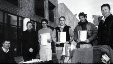 At the award ceremony, from left, Scholarships Manager Kent France Divisional Director Stefanie Rixecker, scholars Brendan Doody, Callum Findlay, Axel Reiser and Paul McGuigan of McEwings
