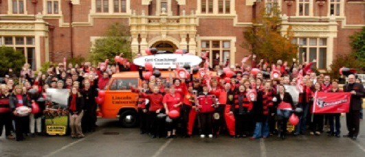 Rugby finals fever runs high at Lincoln University with staff and students dressed in red and black to support the Crusaders.