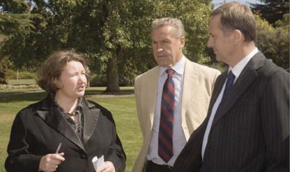 Opposition Leader John Key (right) on a tour of the campus with Professor Sheelagh Matear (left) and fellow MP David Carter.