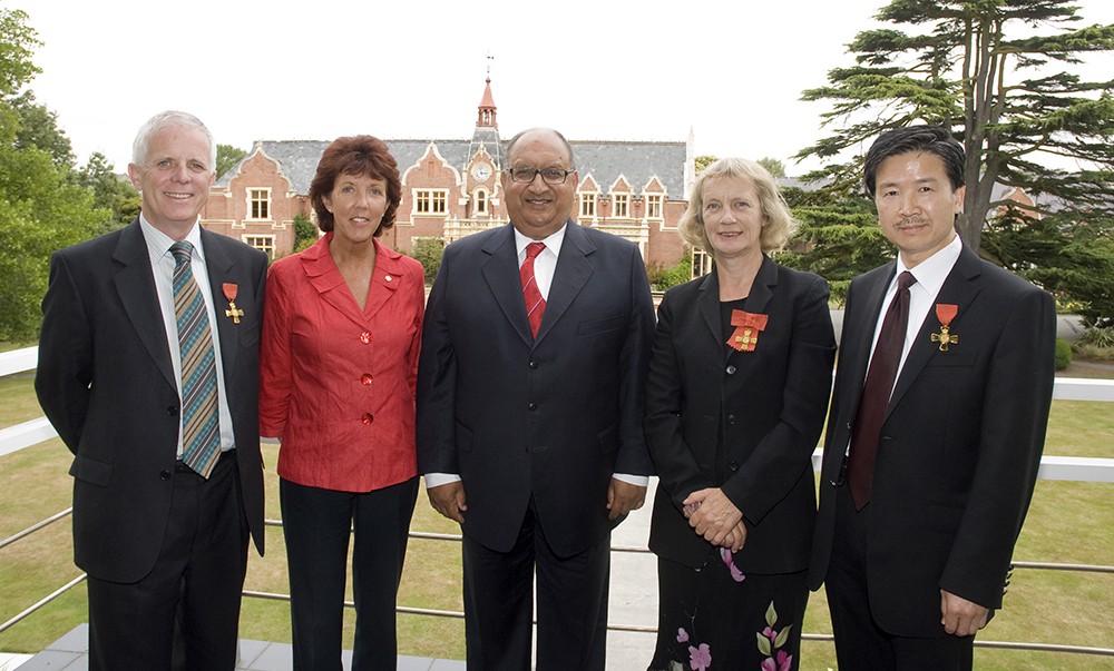 Governor-General Sir Anand Satyanand with four Lincoln University professors whom he has invested with New Zealand Order of Merit awards during his term in office, from left, Keith Cameron ONZM, Alison Stewart CNZM, Caroline Saunders ONZM, Hong Di ONZM,