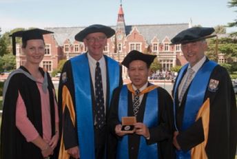 From left: Jo Spencer-Bower, President of the Alumni Association; Tom Lambie, Chancellor; Datu Dr Ngenang Ak Jangu with his medal; Dr Andrew West, Vice-Chancellor