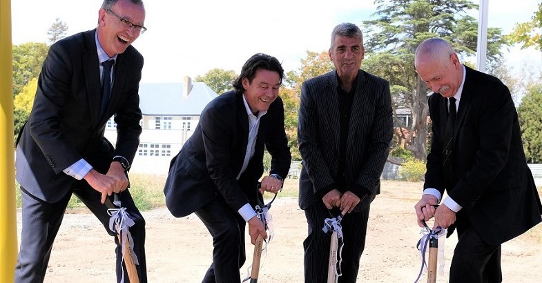 Breaking the first ground L to R: Deputy Vice-Chancellor Professor Grant Edwards, Anthony Leighs (Leighs Construction), Chancellor Bruce Gemmell, Acting Vice-Chancellor Bruce McKenzie.