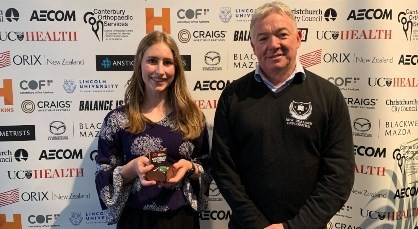  Lincoln University Sport Scholarship and Recreation Centre Manager, Pete Magson, with Lincoln University Outstanding Young Sportswoman of the Year, Annemarie le Grelle, who competes in ultimate, and has represented the New Zealand Youth team in the sport.