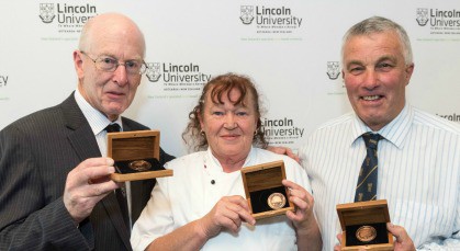 Heritage writer Ian Collins, left, catering manager Heather Watson, and volunteer rugby coach Noel Hickland each had their remarkable contributions recognised. Photo David Hollander.