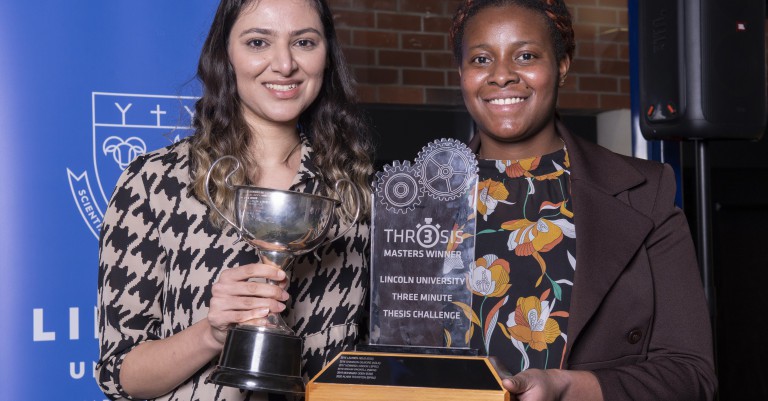 PHOTO: Three-Minute Thesis grand prize winner Minoo Mohajer (left) and top-placed Masters contestant Priscilla Creppy. 
