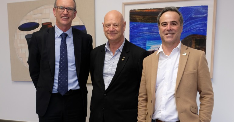 Deputy Vice-Chancellor Professor Grant Edwards, fellowship donor John Barnes and Professor Pablo Gregorini.